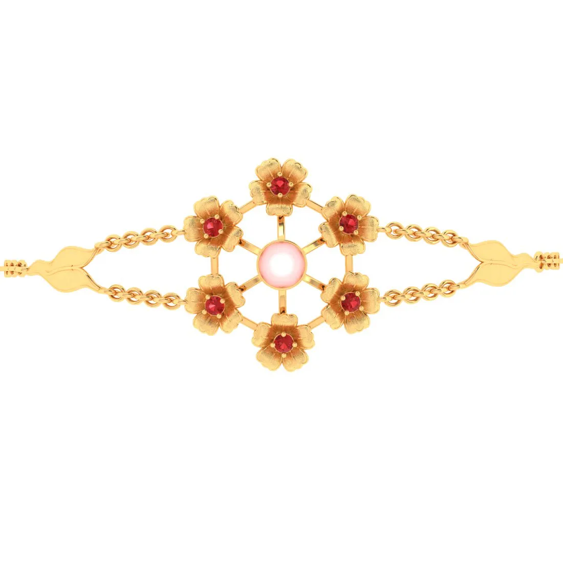 14k Gold Bracelet Including Multiple Flowers With Pink Pearl