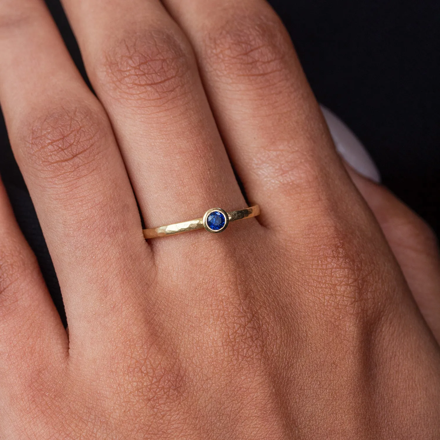 14k Hammered Narrative Ring with 2mm Blue Sapphire