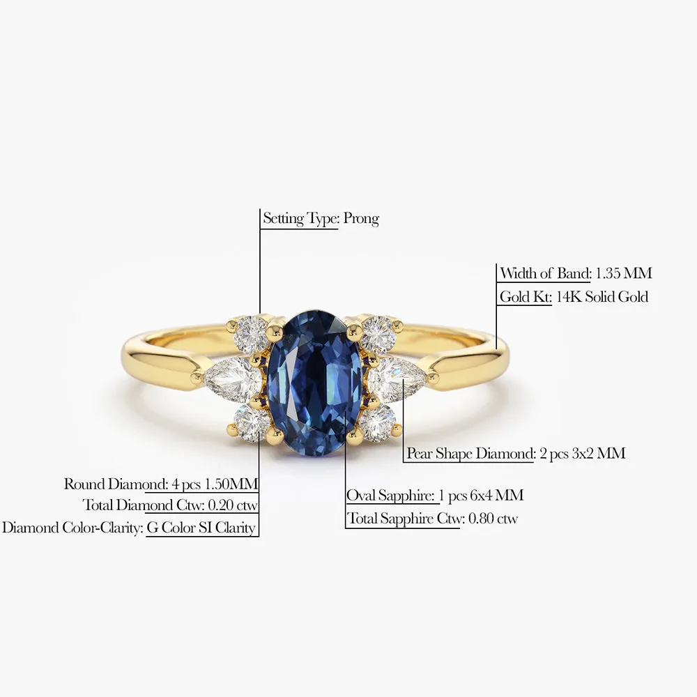 14k Oval Cut Genuine Sapphire Diamond Ring