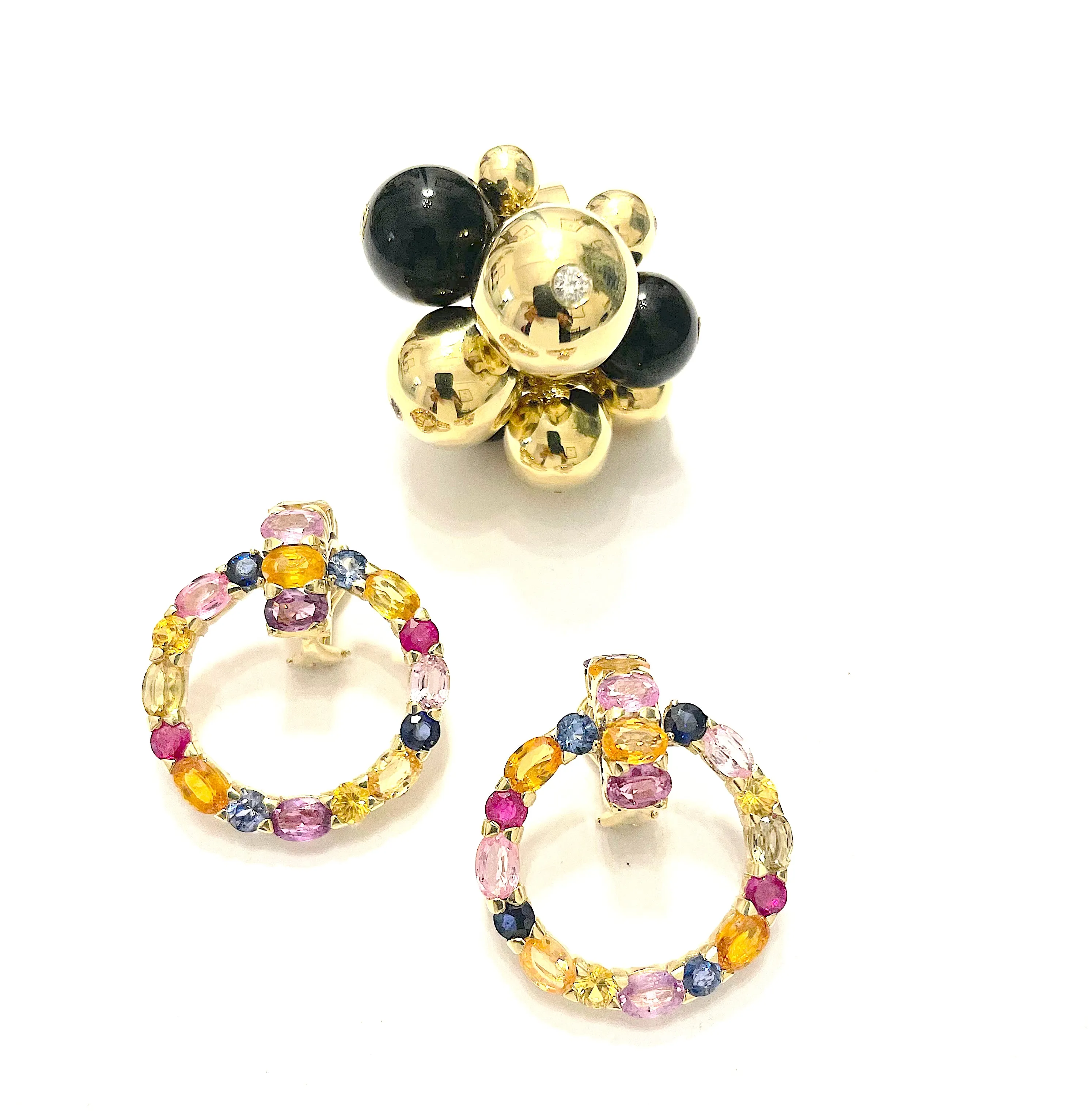 18 Karat Yellow Gold Multi-Color Sapphire Hoop Drop Earring