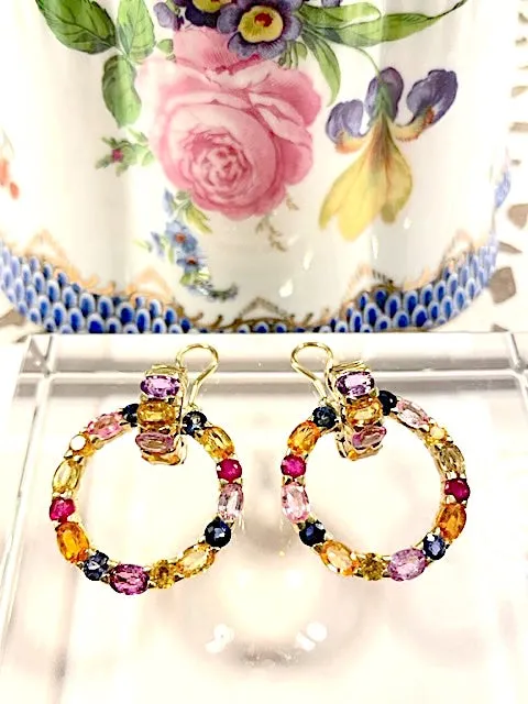 18 Karat Yellow Gold Multi-Color Sapphire Hoop Drop Earring