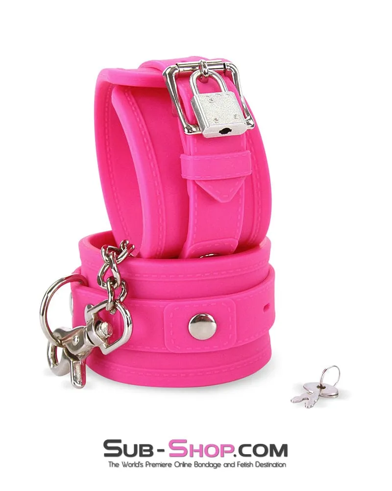 3779M-SIS      Locked Up Sissy Hot Pink Heavy Silicone Wrist Bondage Cuffs