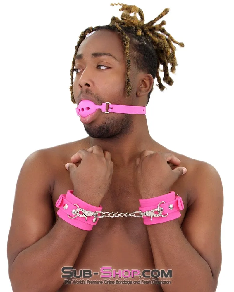 3779M-SIS      Locked Up Sissy Hot Pink Heavy Silicone Wrist Bondage Cuffs