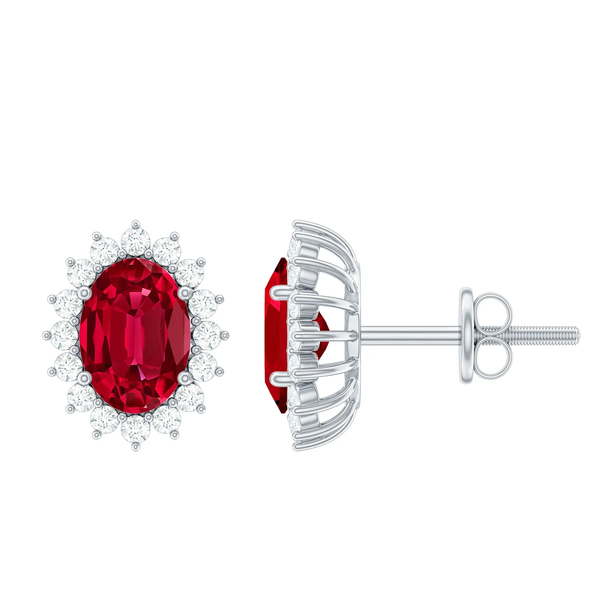 4 CT Oval Cut Created Ruby Classic Earrings with Diamond Halo