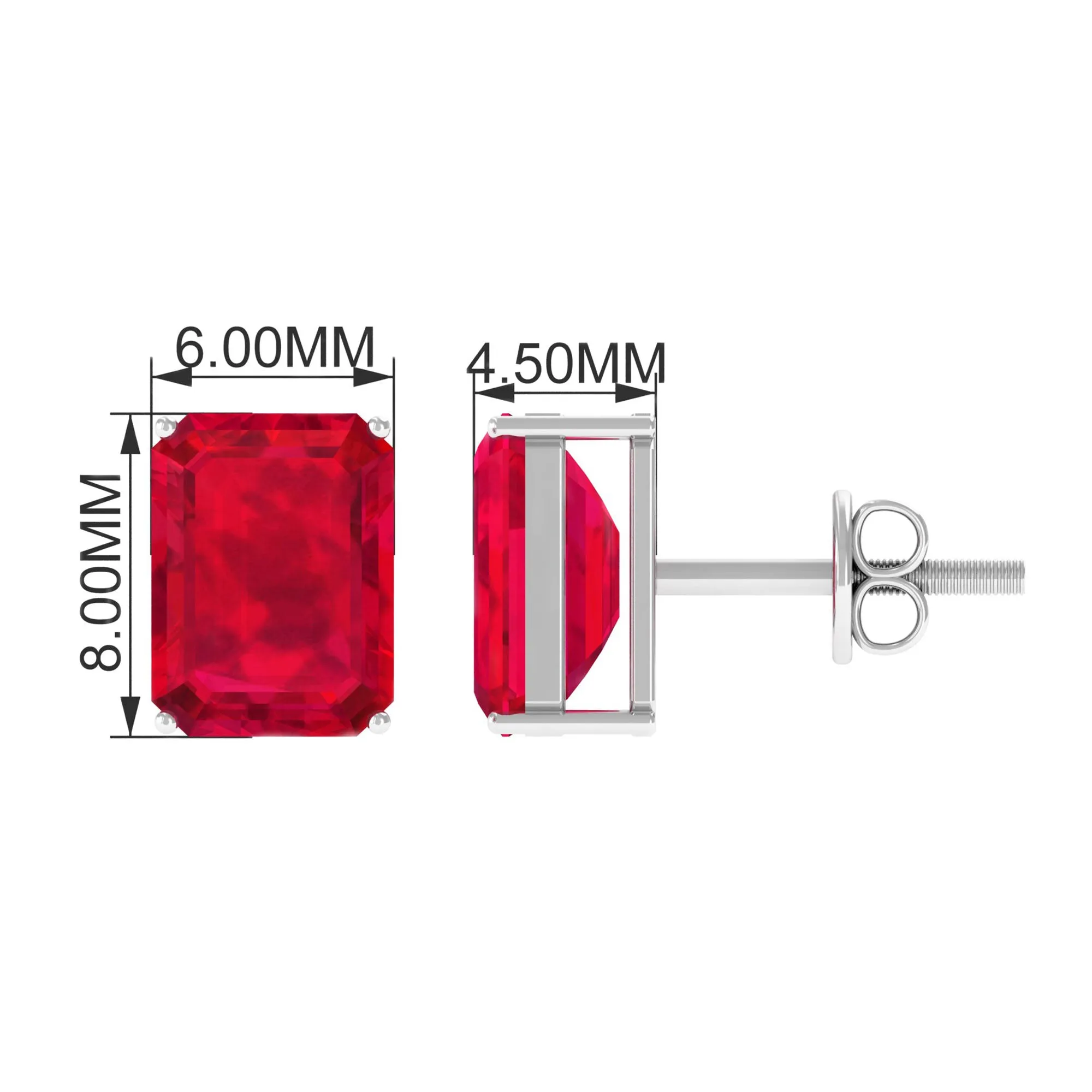 6X8 MM Emerald Cut Created Ruby Solitaire Stud Earrings