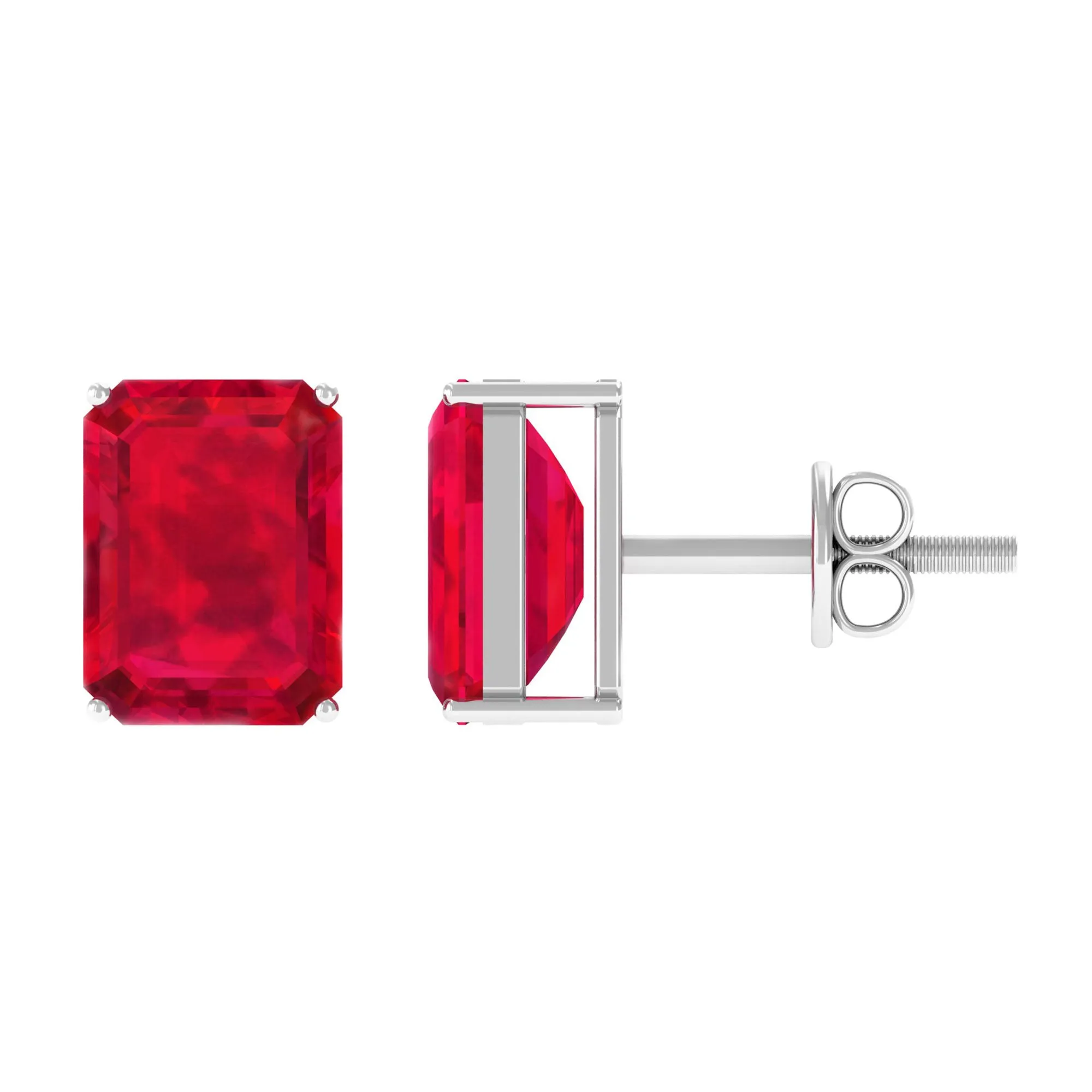 6X8 MM Emerald Cut Created Ruby Solitaire Stud Earrings