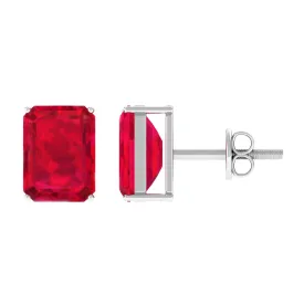 6X8 MM Emerald Cut Created Ruby Solitaire Stud Earrings