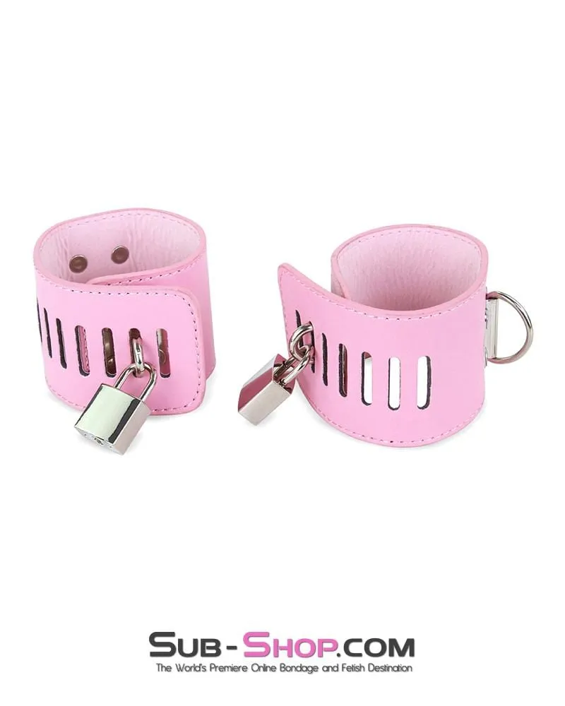 7899M-SIS      Locking Sissy Princess Pink Vegan Leather Handcuffs & Chain Set