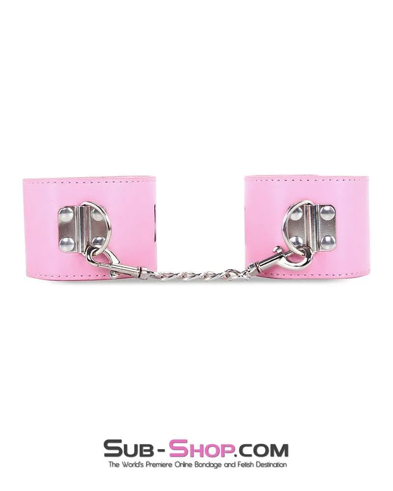 7899M-SIS      Locking Sissy Princess Pink Vegan Leather Handcuffs & Chain Set