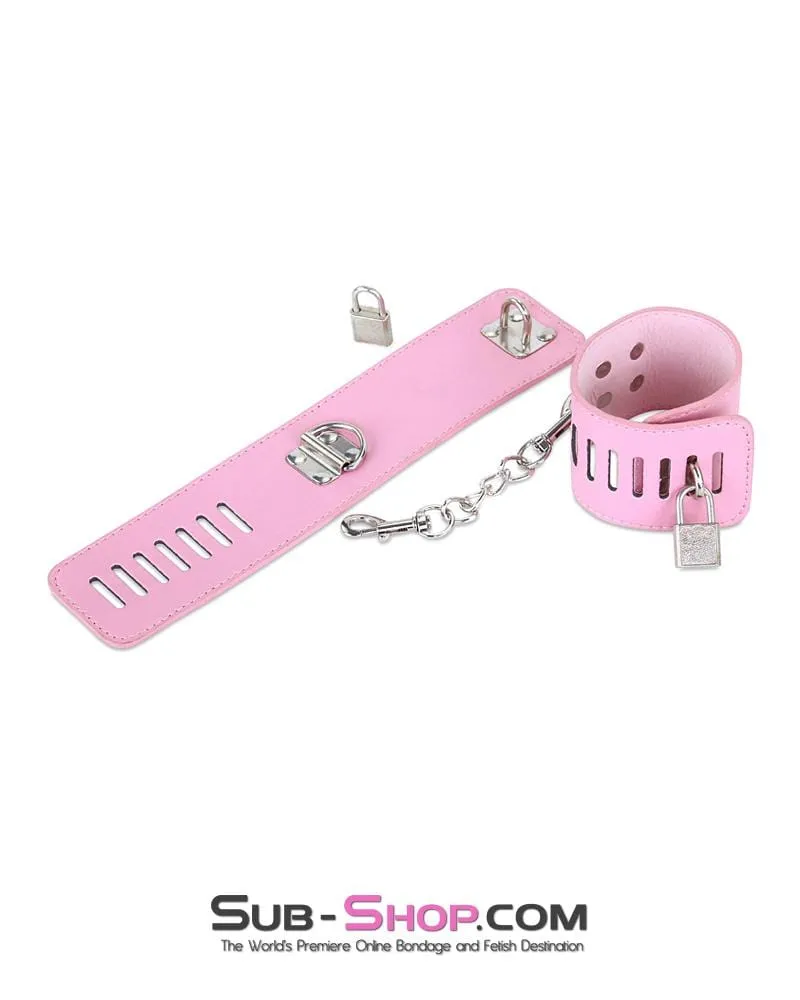 7899M-SIS      Locking Sissy Princess Pink Vegan Leather Handcuffs & Chain Set