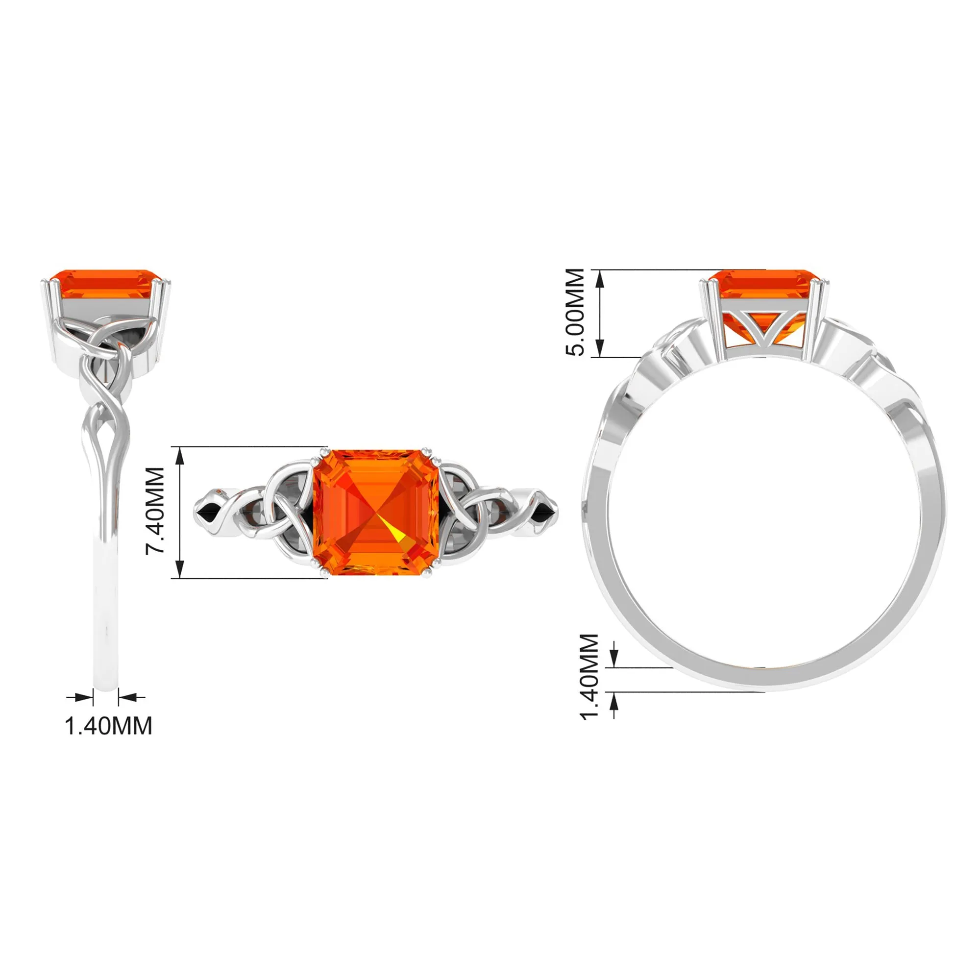 8 MM Asscher Cut Lab Grown Orange Sapphire Solitaire Celtic Engagement Ring