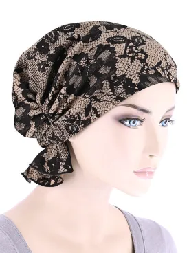 Abbey Cap Beige Black Lace Print