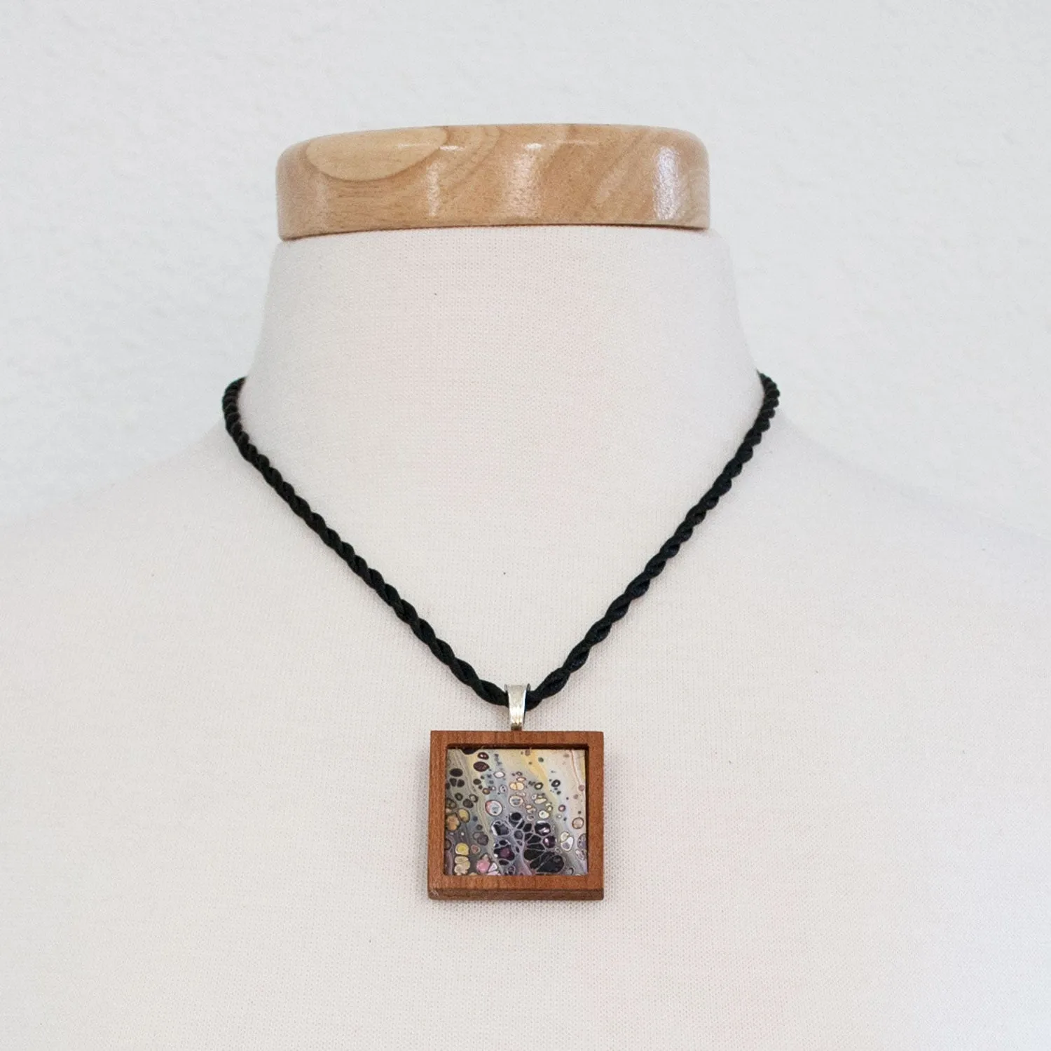 Art Necklace, green and yellow painting in hardwood frame