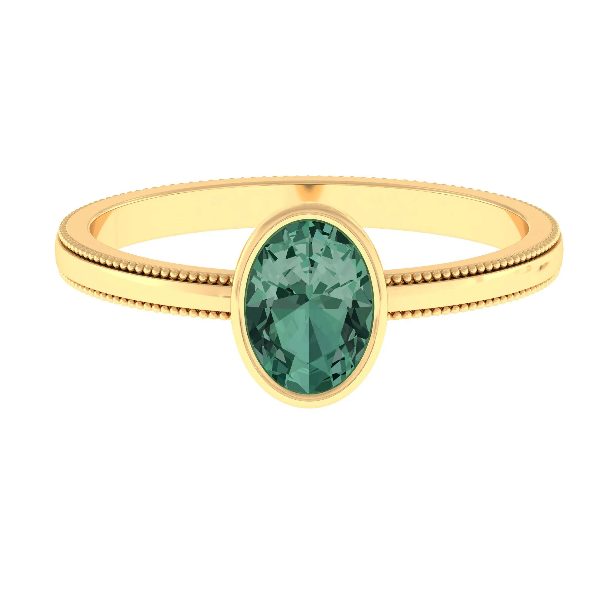 Bezel Set Oval Green Sapphire Solitaire Ring with Beaded Detailing