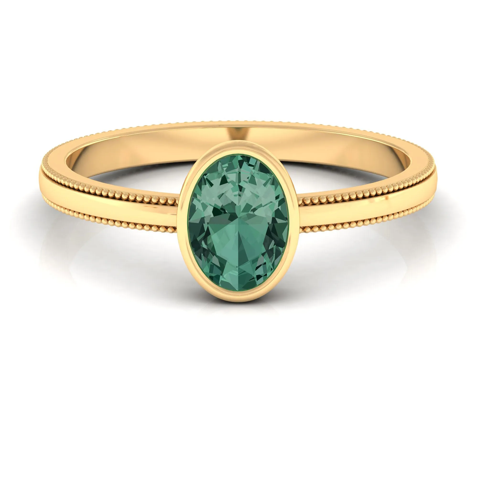 Bezel Set Oval Green Sapphire Solitaire Ring with Beaded Detailing