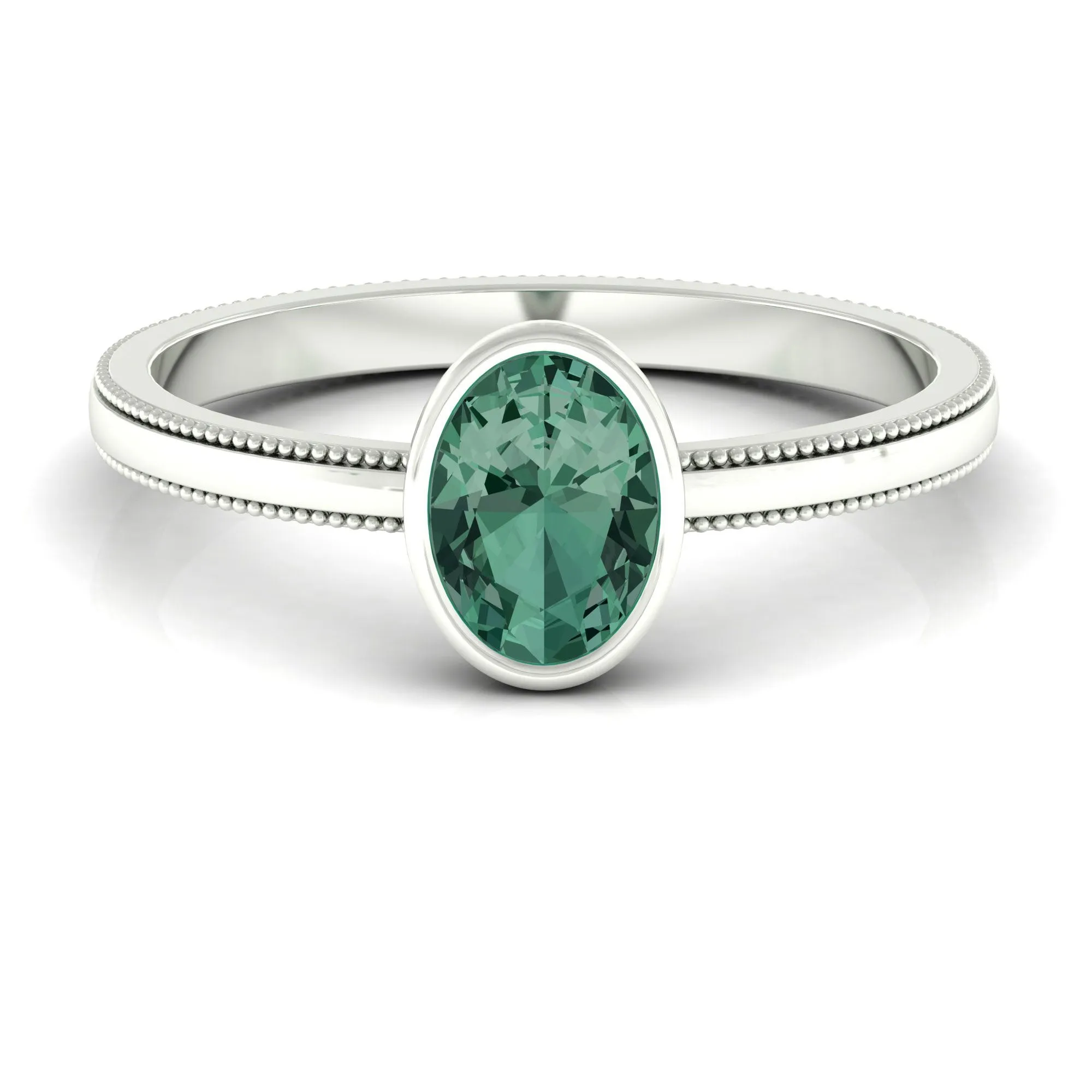 Bezel Set Oval Green Sapphire Solitaire Ring with Beaded Detailing