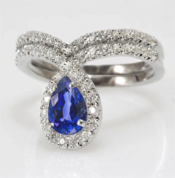 Bliss Pear Sapphire & Loop Diamond Halo Unique Engagement Ring ♥