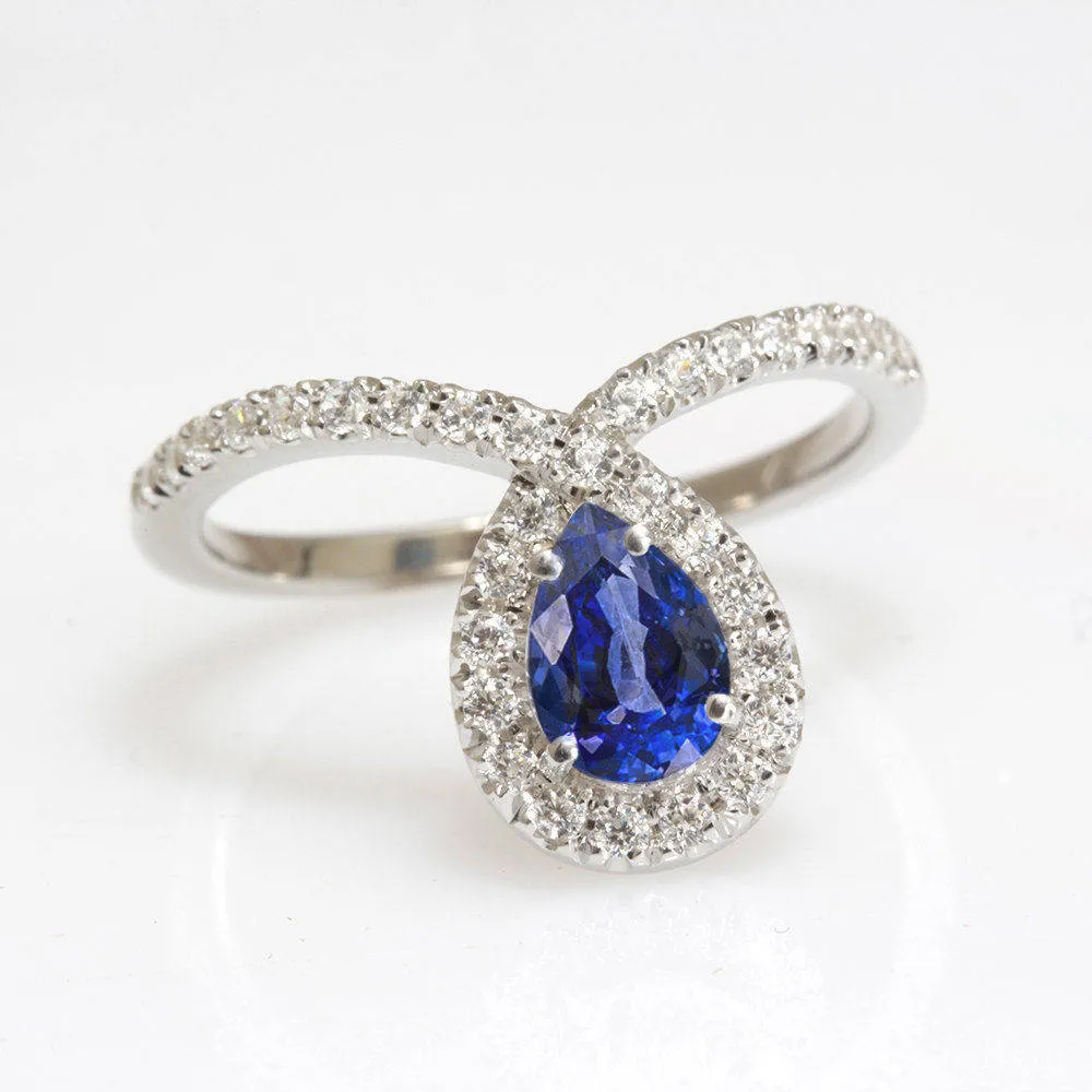 Bliss Pear Sapphire & Loop Diamond Halo Unique Engagement Ring ♥