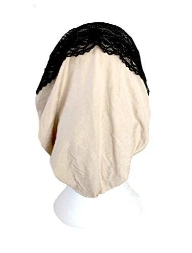 Boho Chic Artisan Head-scarf Tichel Embellished with Wide Floral Lace (Beige black lace - 326)