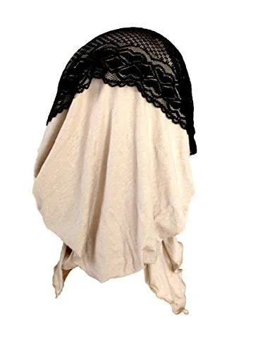 Boho Chic Artisan Head-scarf Tichel Embellished with Wide Floral Lace (Beige black lace - 326)