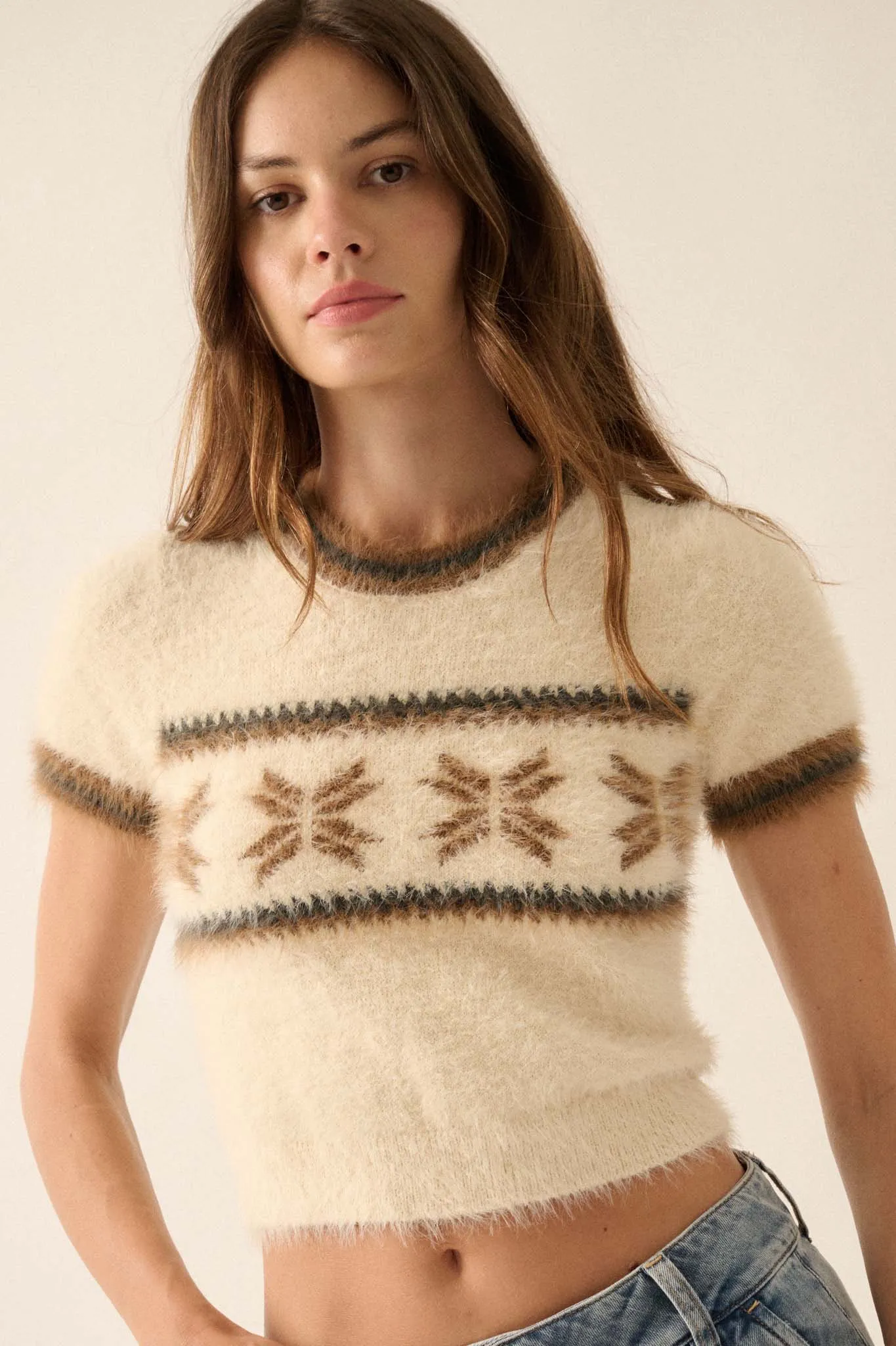 Bunny Slope Fuzzy Knit Short-Sleeve Alpine Sweater