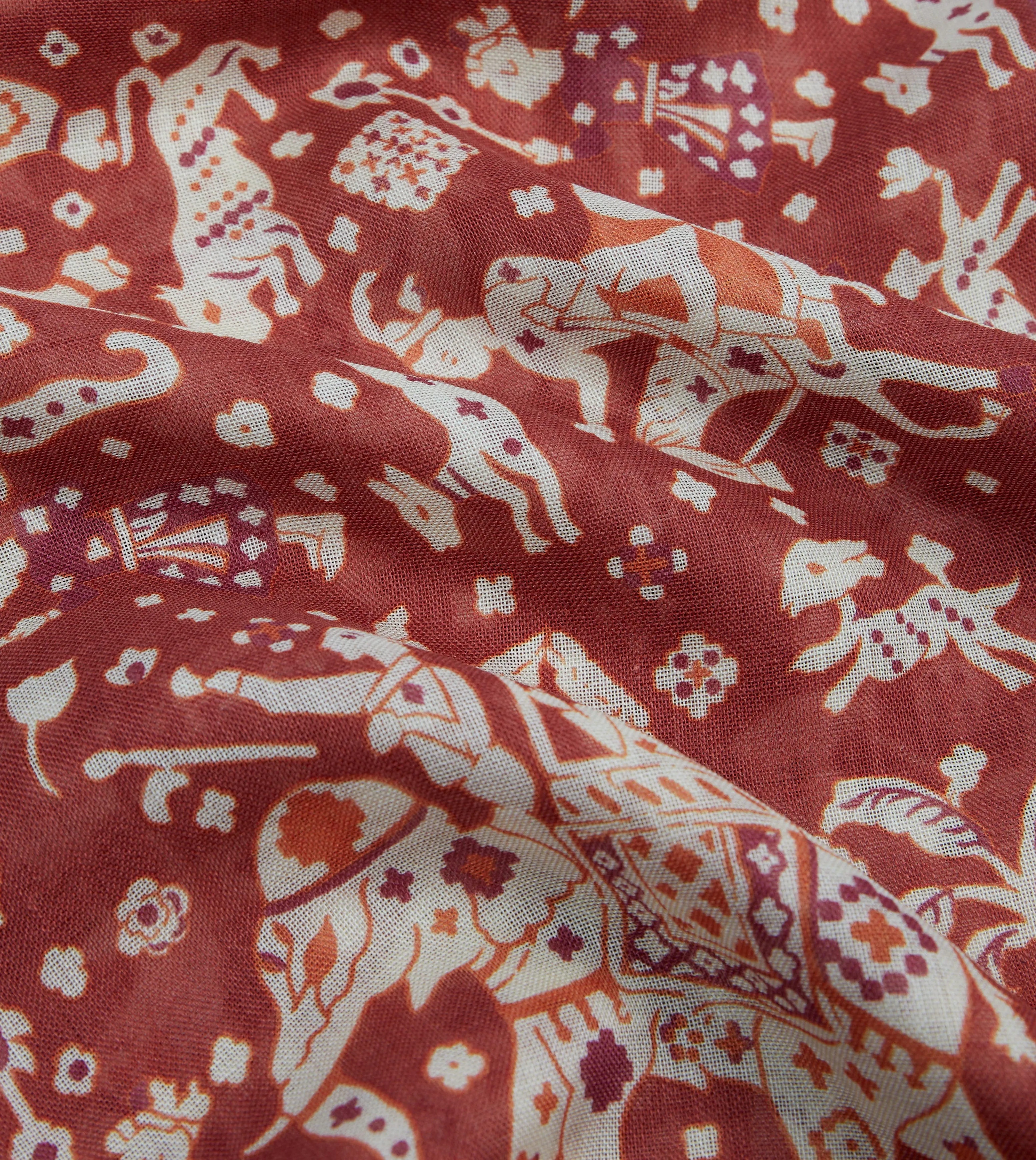 Burgundy Mughal Elephants Print Wool-Silk Scarf