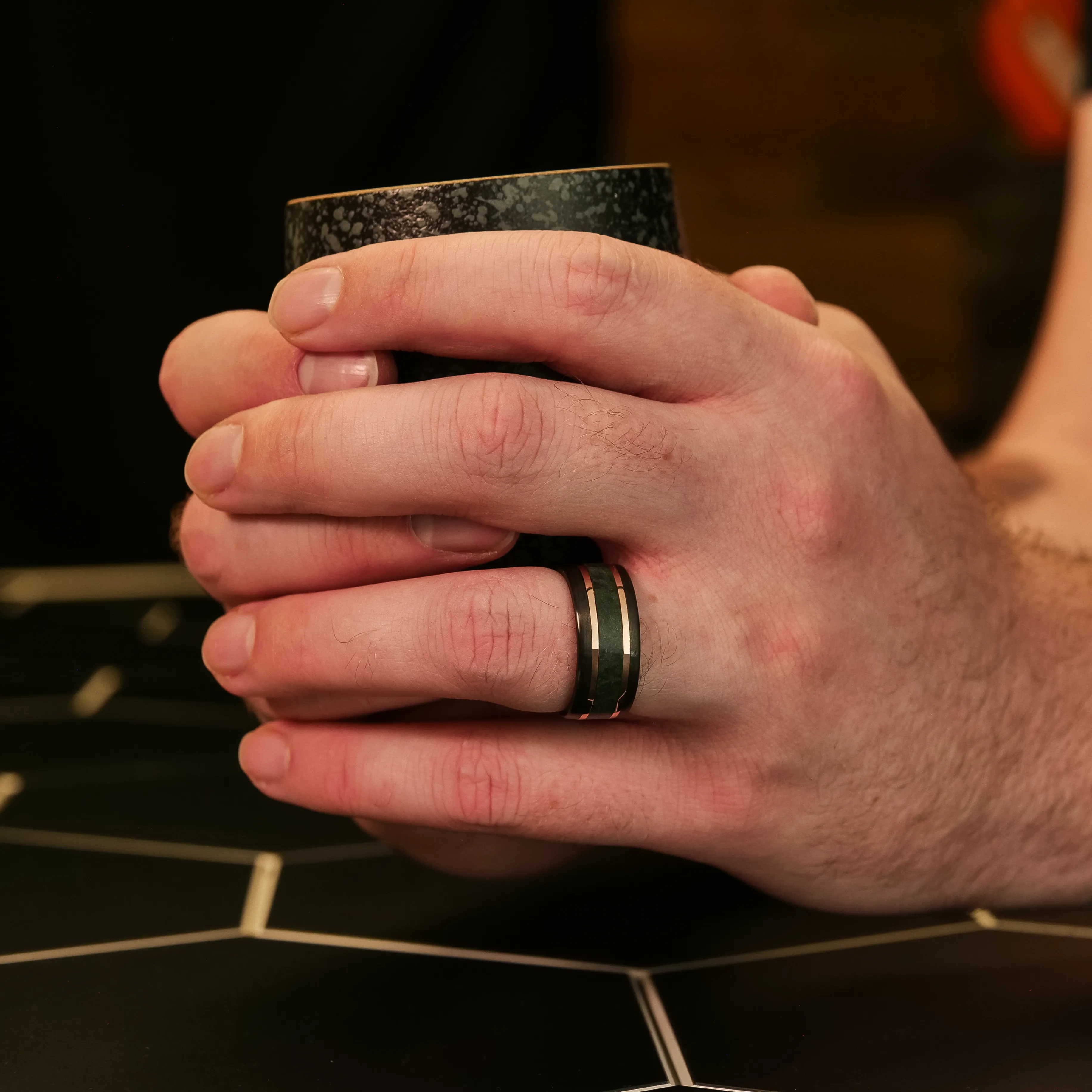 Carbon Fiber, Marble, and Rose Gold Ring