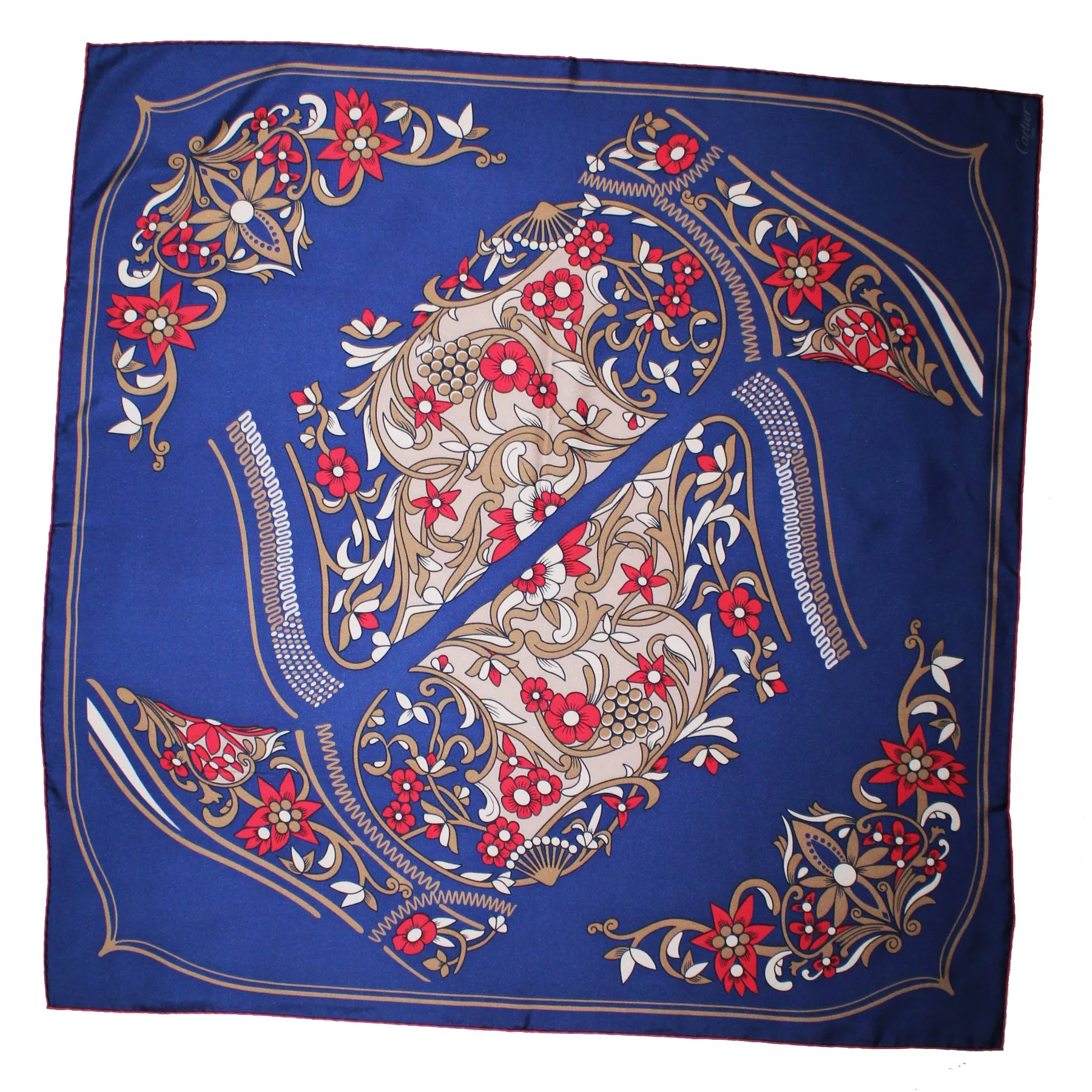 Cartier Scarf Royal Blue Pink Taupe Decorative Boots Design - Twill Silk 36 Inch Square Foulard SALE