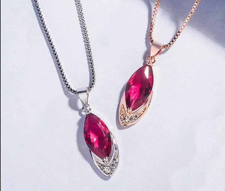 Charms 9x29MM Rose Gold Color Red Ruby Pendant Necklaces for Women Silver 925 Jewelry Necklace