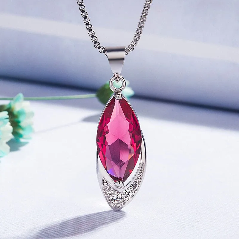 Charms 9x29MM Rose Gold Color Red Ruby Pendant Necklaces for Women Silver 925 Jewelry Necklace