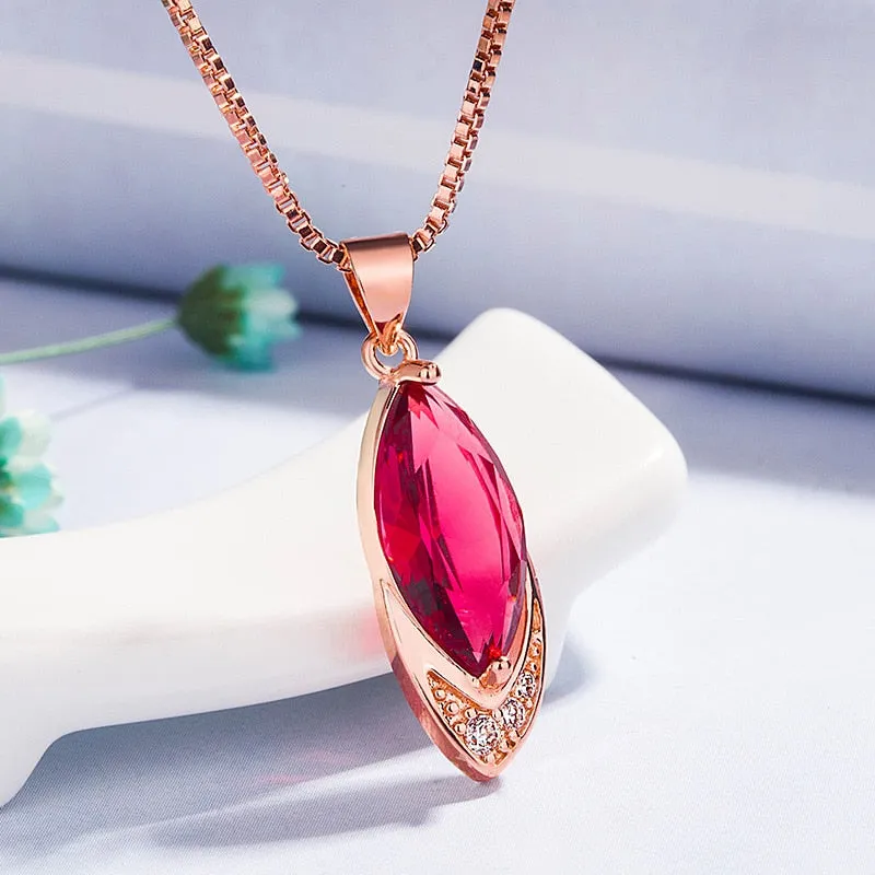 Charms 9x29MM Rose Gold Color Red Ruby Pendant Necklaces for Women Silver 925 Jewelry Necklace