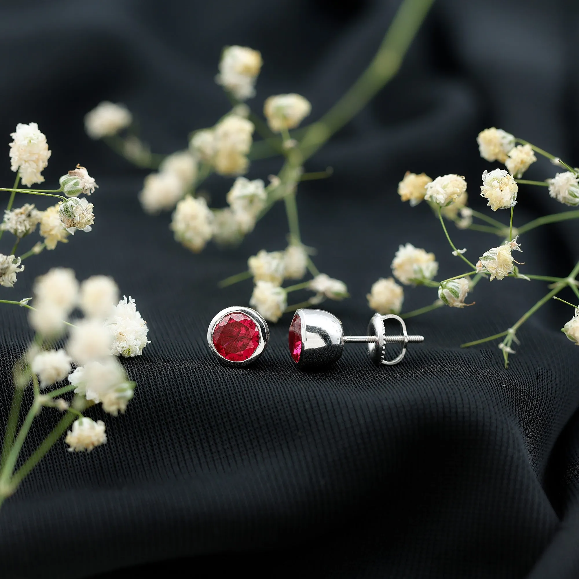 Created Ruby Solitaire Stud Earrings in Bezel Setting