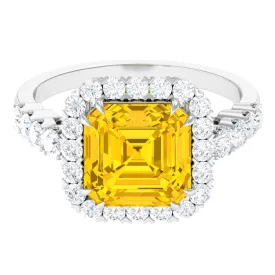 Created Yellow Sapphire and Moissanite Halo Engagement Ring