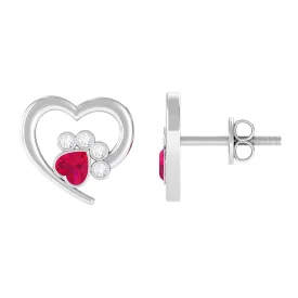 Cute Heart Paw Stud Earrings with Ruby and Diamond