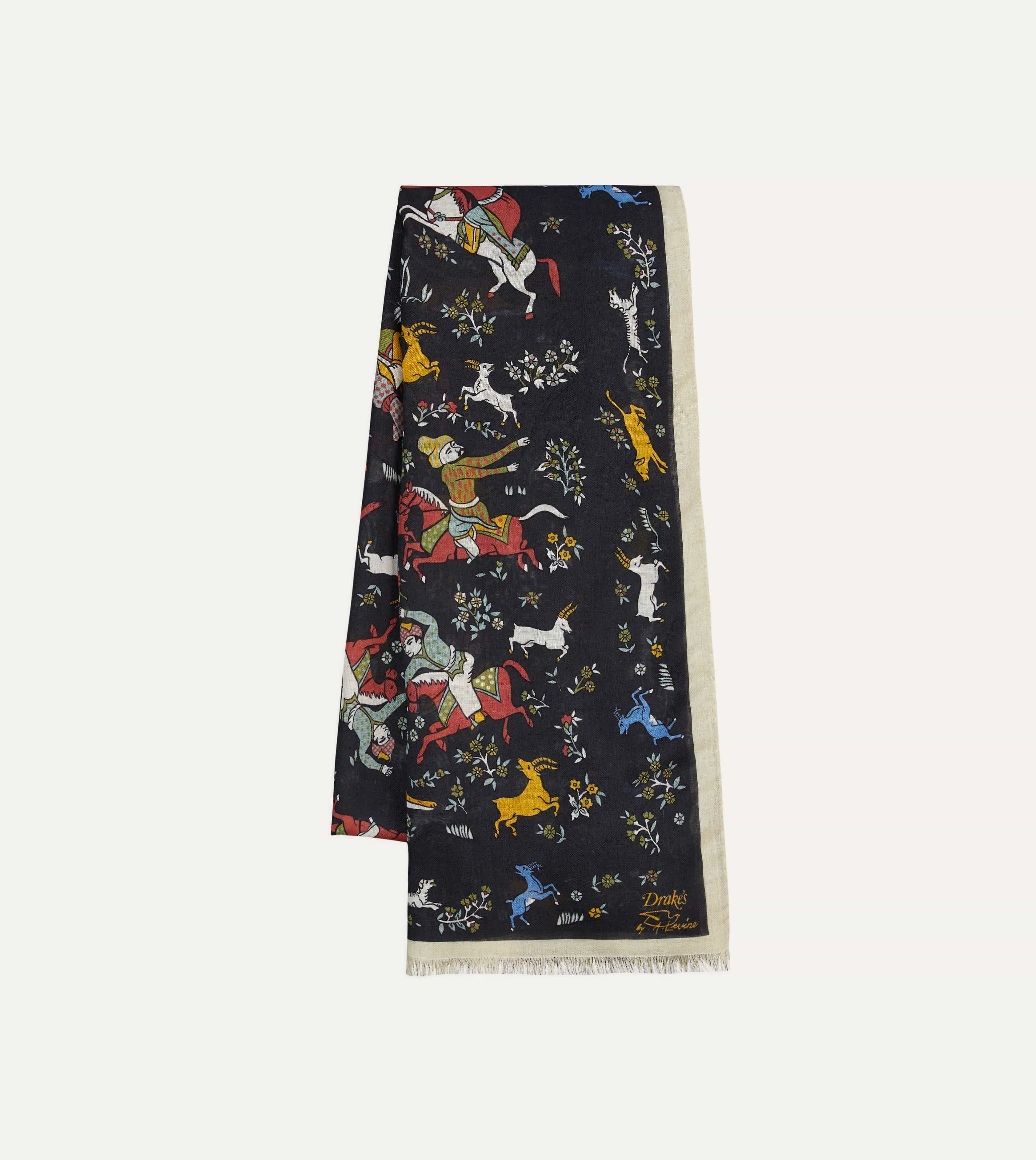 Drake's by A. Levine Black Mughal Print Wool-Silk Scarf