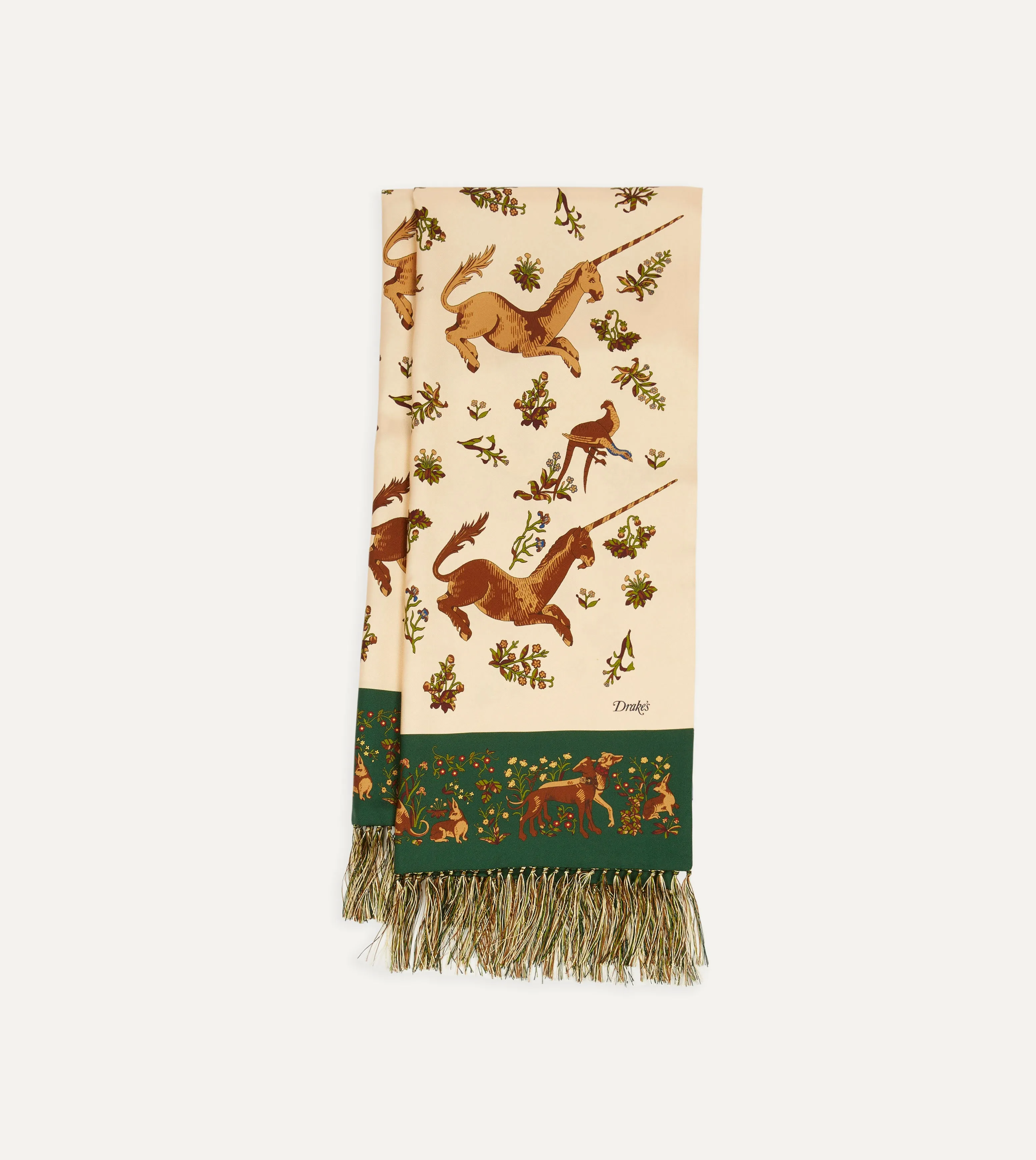 Ecru Unicorn Print Tubular Silk Tasselled Scarf