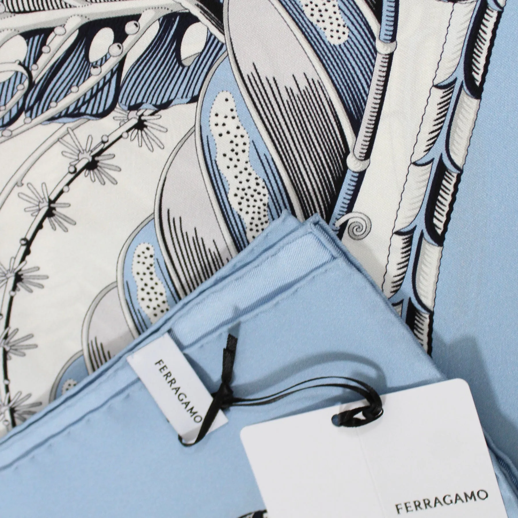 Ferragamo Scarf Blue Fish Design - Twill Silk Foulard - 2024 Collection SALE