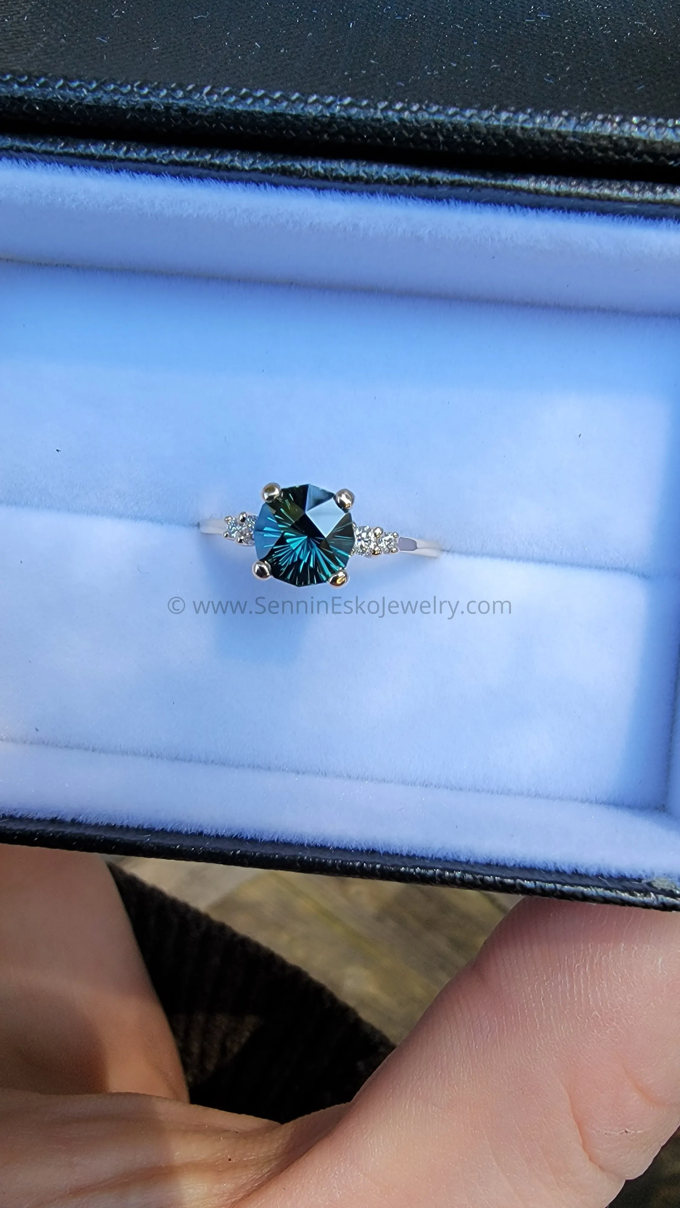 Five Stone Diamond Accented Multi Prong Setting - Depicted with a Teal Sapphire (Setting Only, Center Stone Sold Separately)