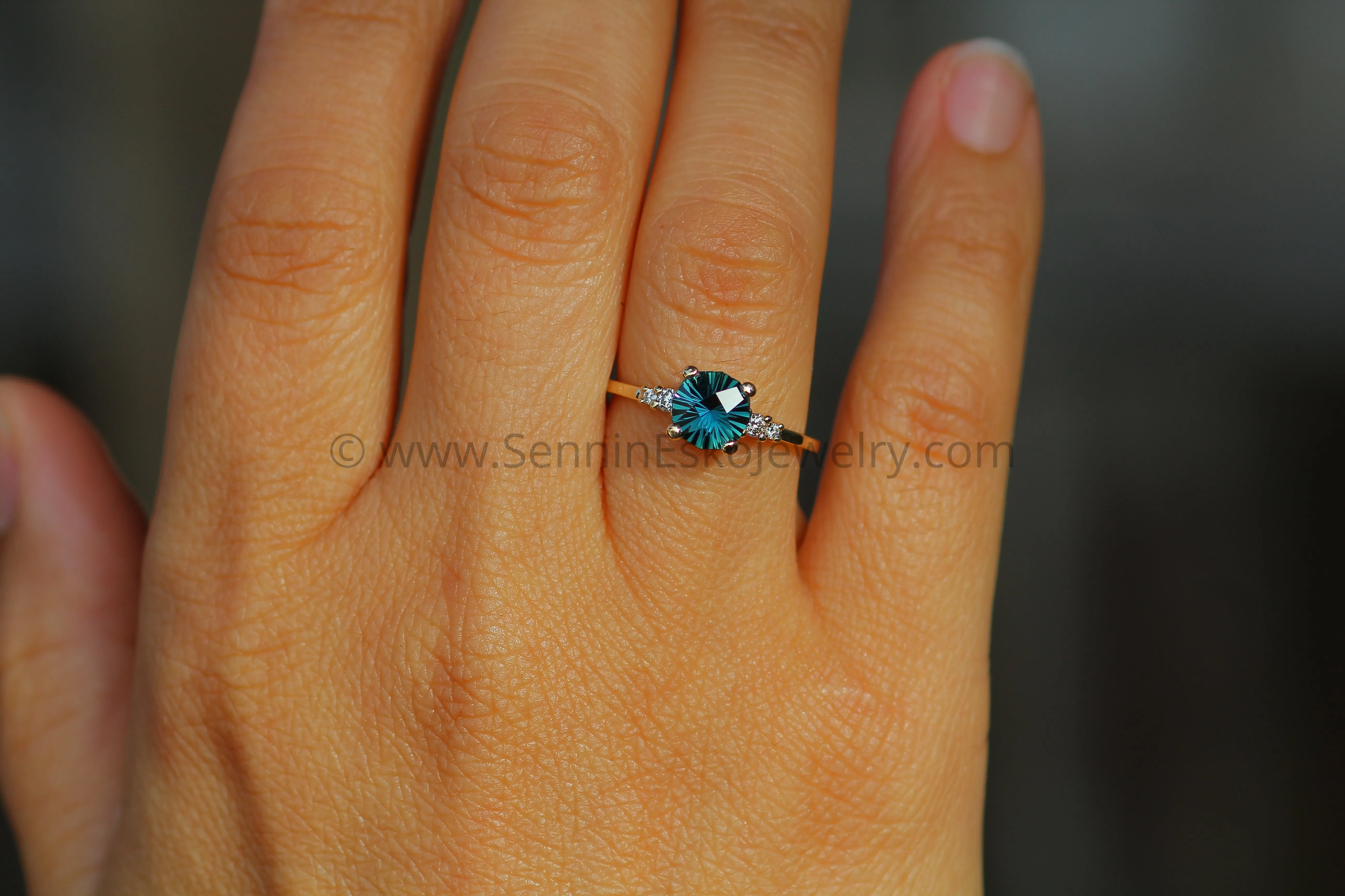 Five Stone Diamond Accented Multi Prong Setting - Depicted with a Teal Sapphire (Setting Only, Center Stone Sold Separately)