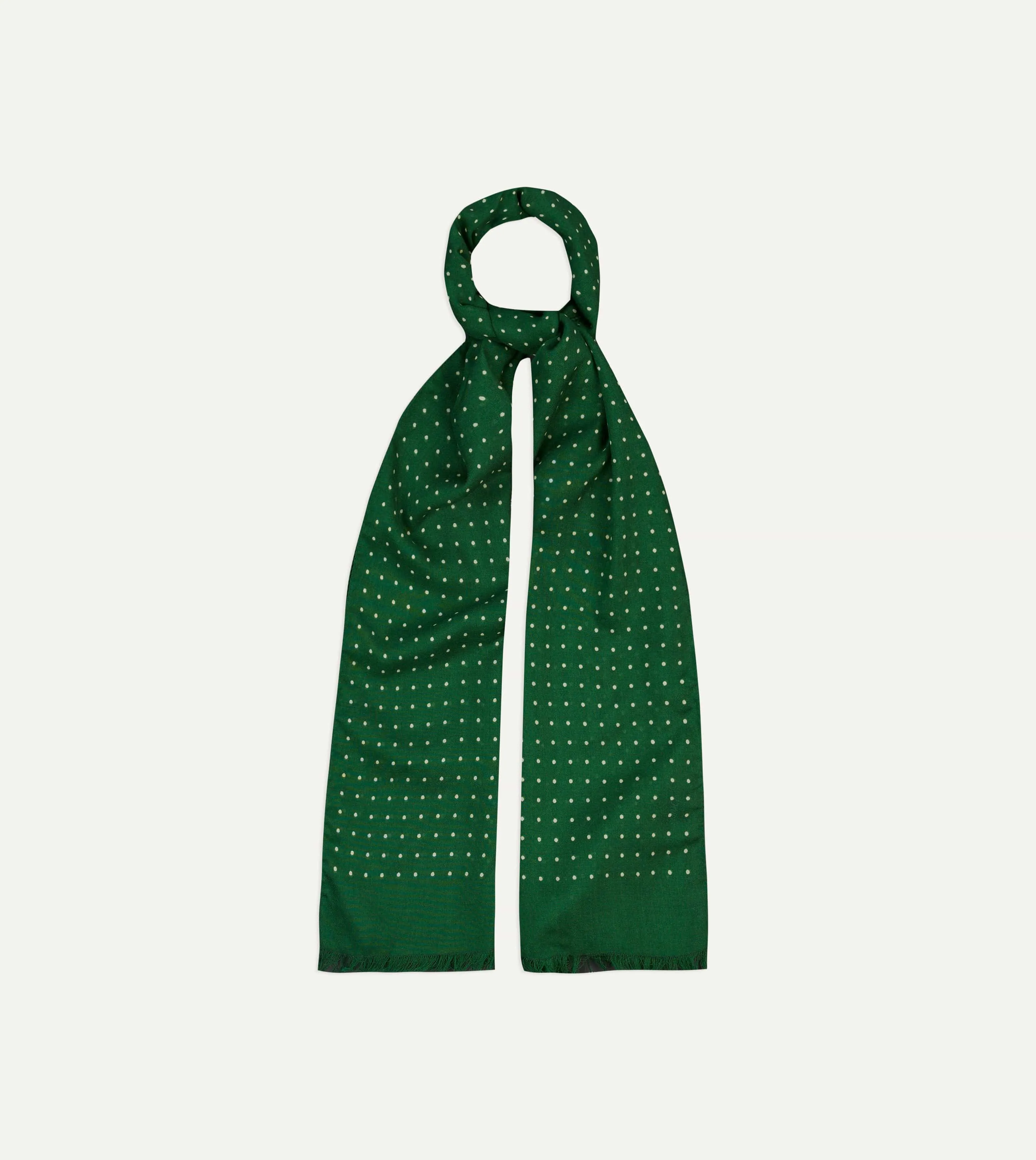 Green Polka Dot Print Tubular Silk Tasselled Scarf