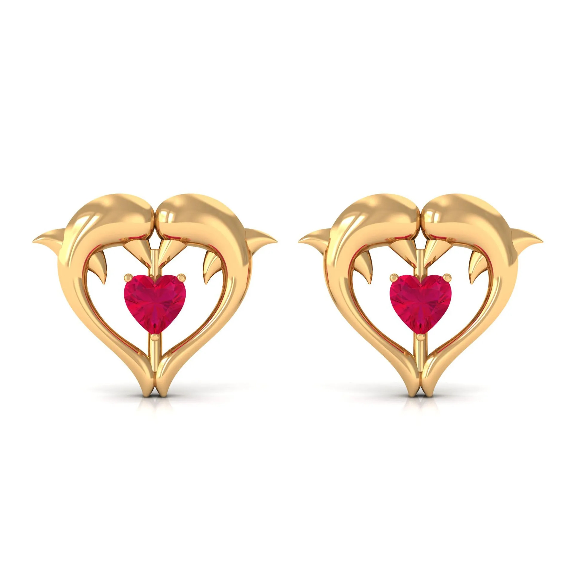 Heart Shape Ruby Dolphin Stud Earrings