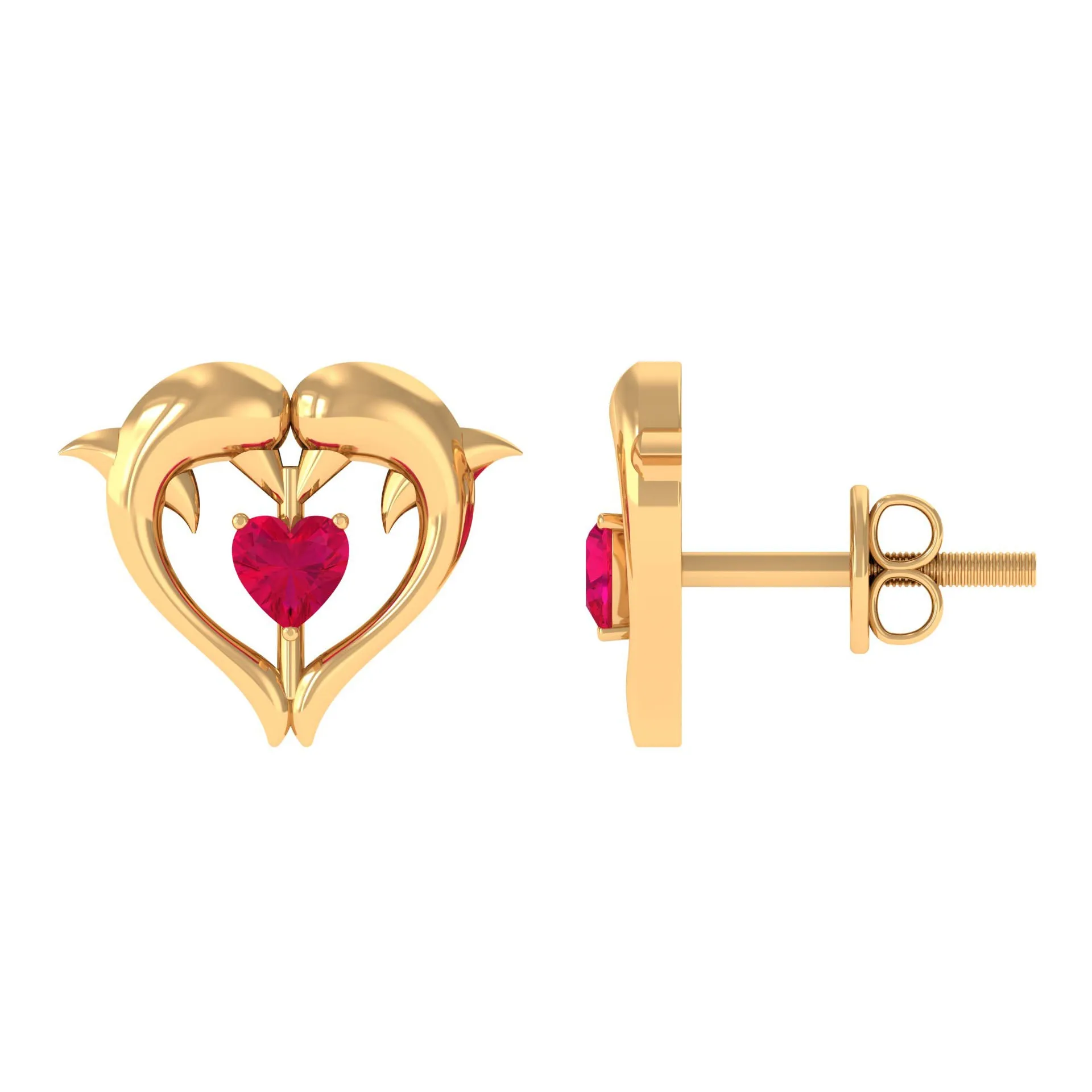 Heart Shape Ruby Dolphin Stud Earrings