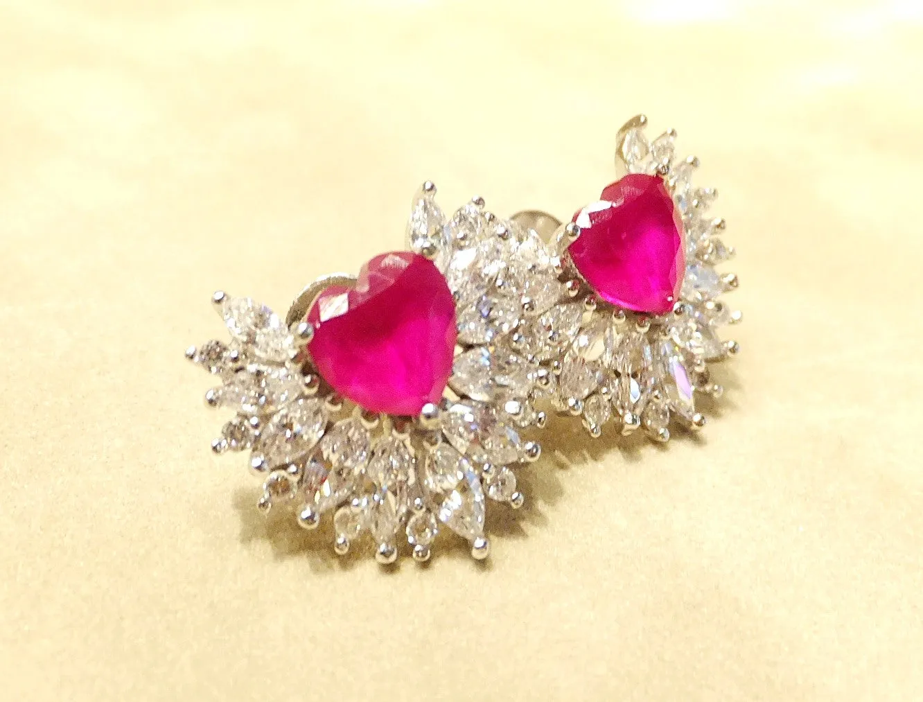 Indian Ruby and White Topaz Heart Stud Earrings