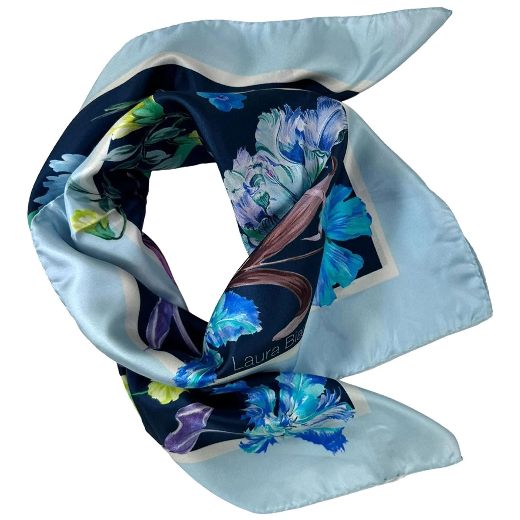 Laura Biagiotti Scarf Dark Blue Sky Blue Floral - Square Silk Foulard