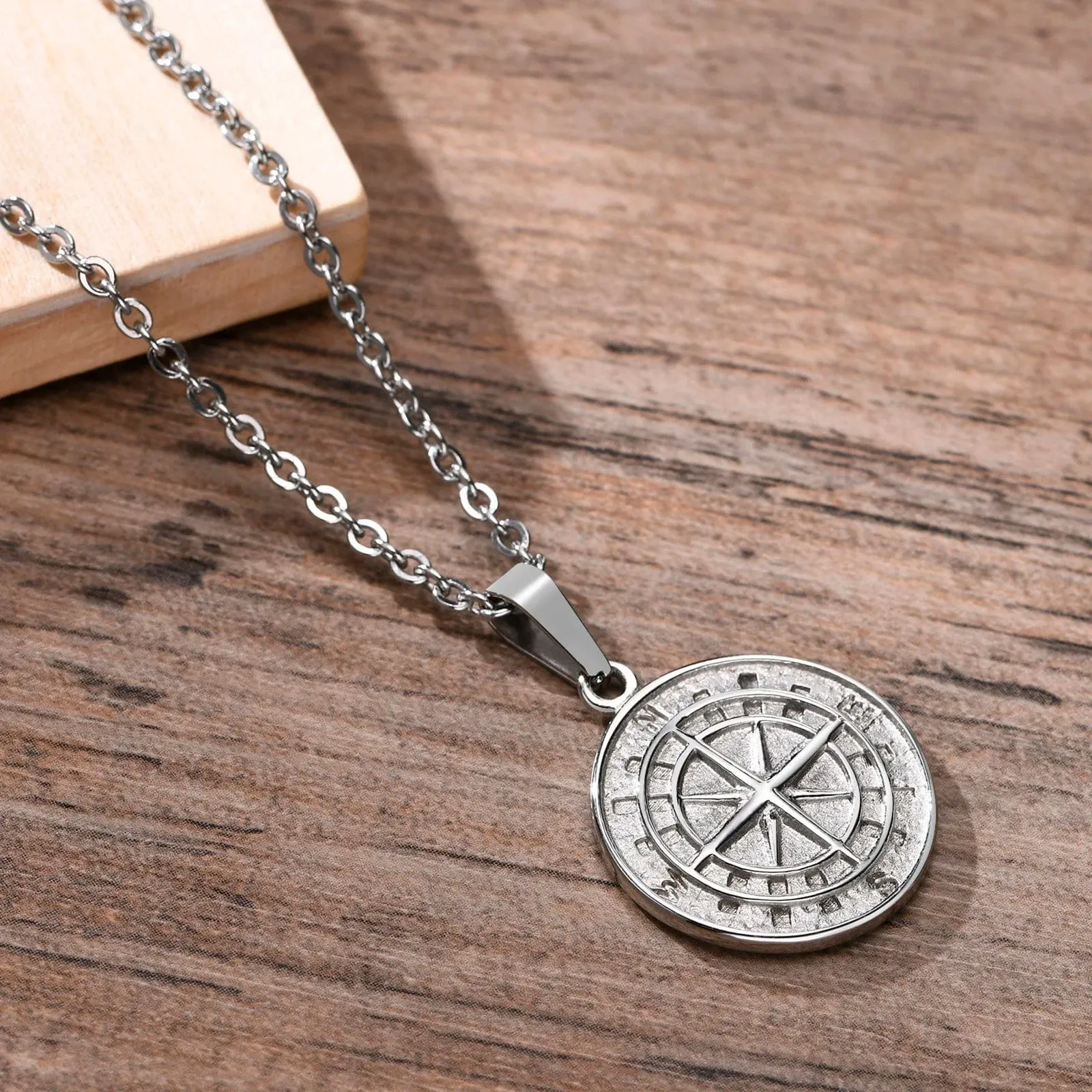 Layered Compass Pendant Necklaces for Men: Stainless Steel Cuban Figaro Wheat Chain, Casual Retro Collar