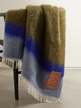 Leather-trimmed fringed striped mohair-blend blanket