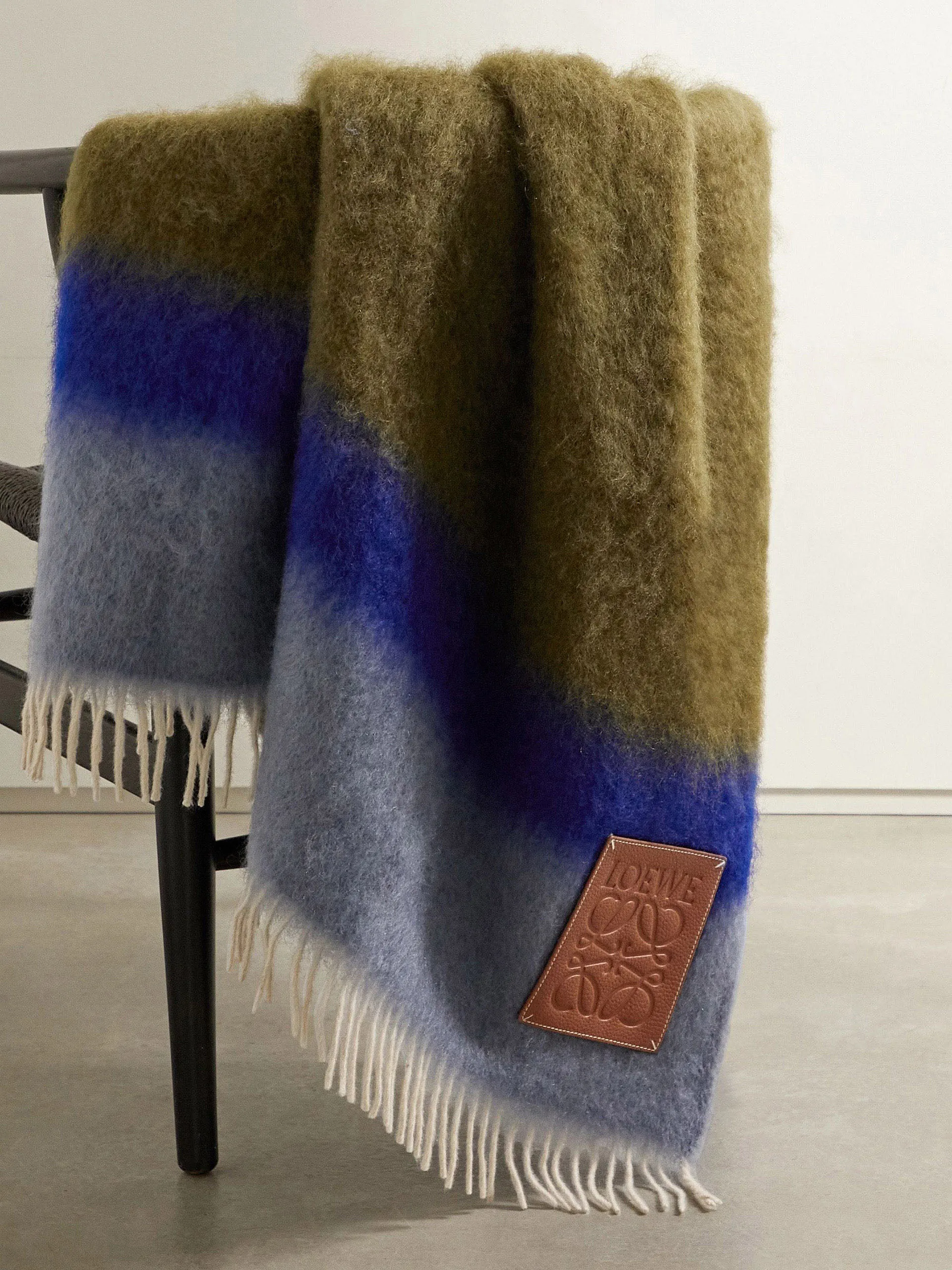 Leather-trimmed fringed striped mohair-blend blanket