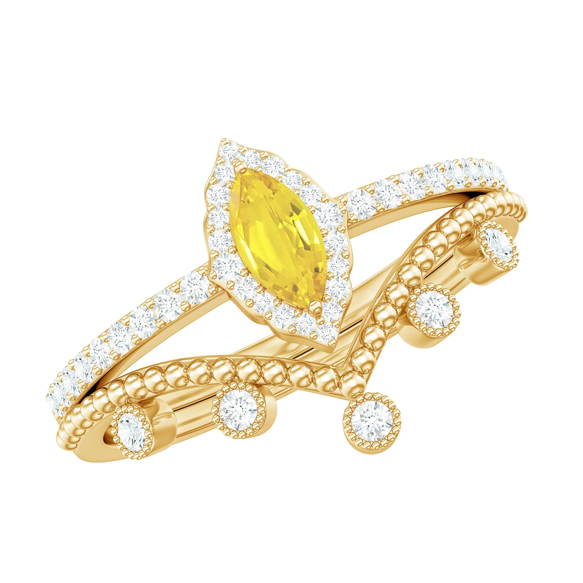 Marquise Cut Created Yellow Sapphire Designer Ring Set with Diamond