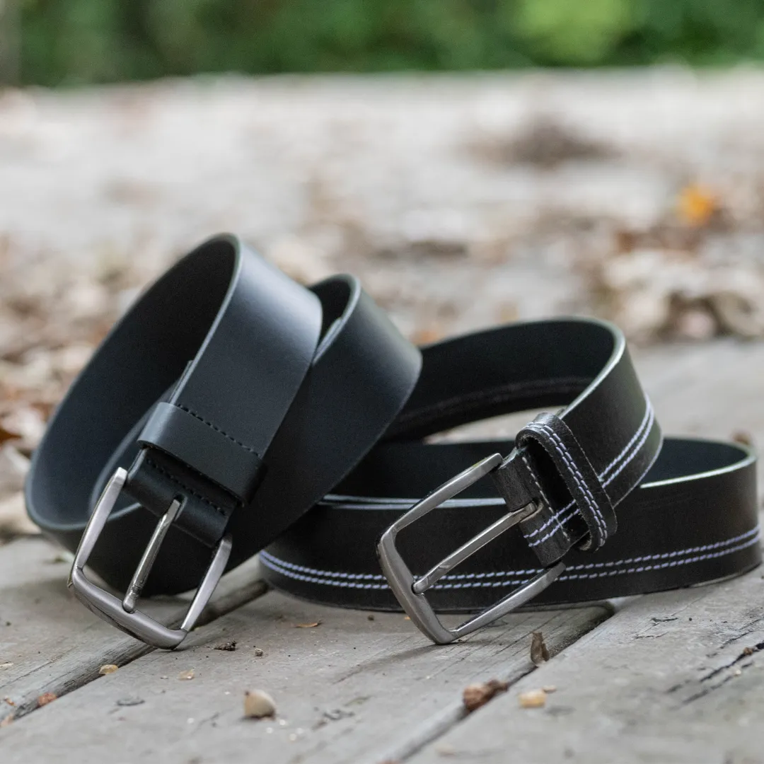 Millennial Black and Black Stitched Leather Belt Set by Nickel Zero®