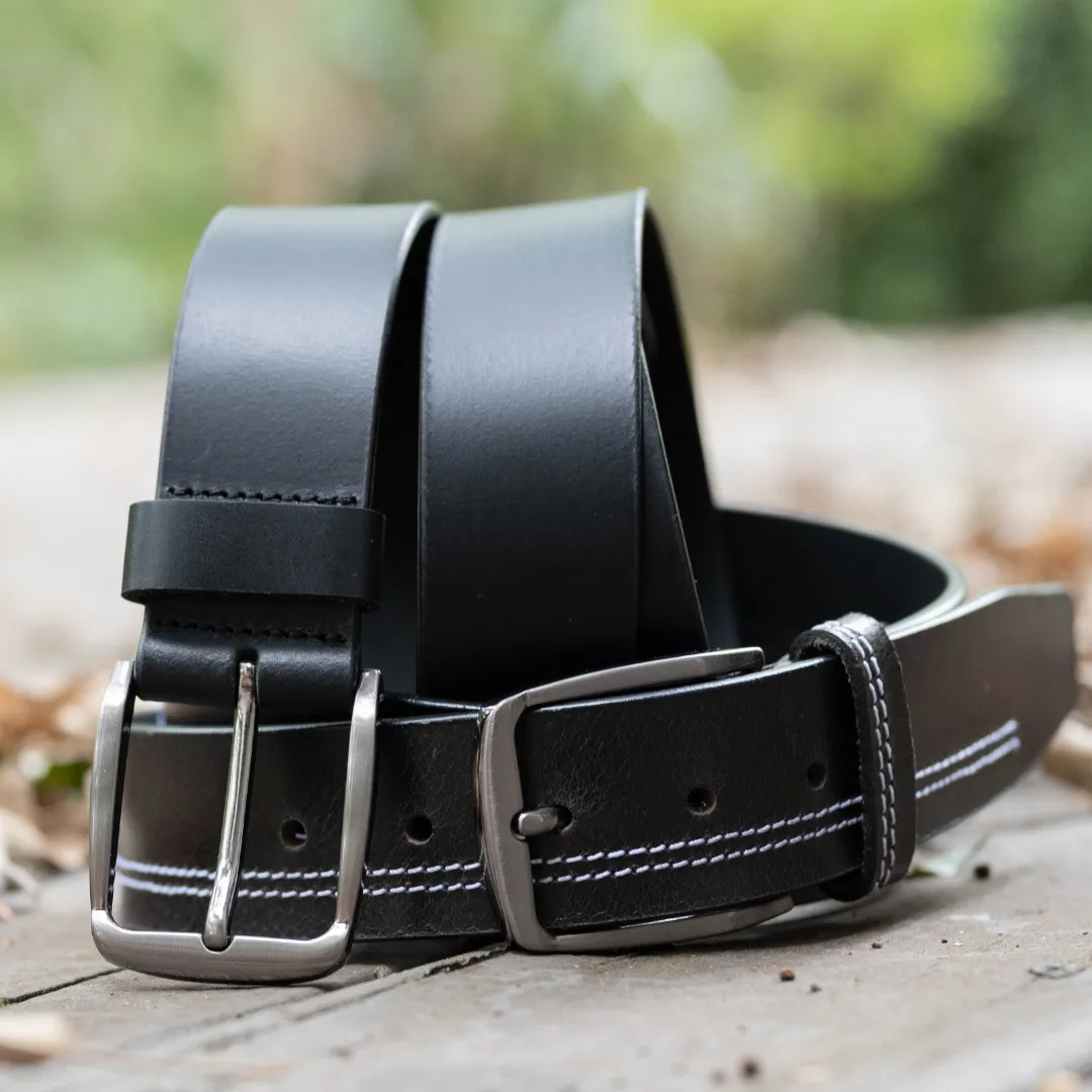 Millennial Black and Black Stitched Leather Belt Set by Nickel Zero®